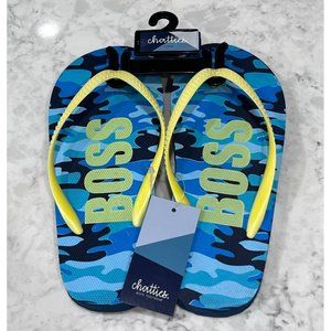 Boys Blue & Yellow Camo Chatties Flip Flops Size 2/3